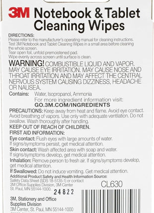 3M Notebook Screen Cleaning Wipes, 3.9 x 6.9 Inches (CL630), White, 24 individual wet wipes (Packaging may vary)