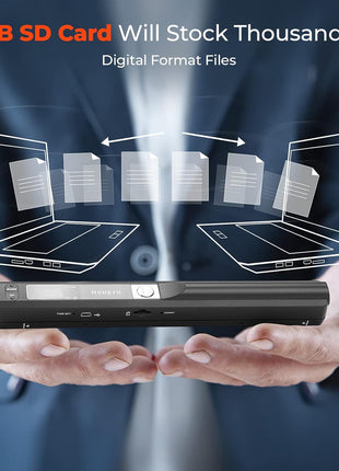 MUNBYN Portable Scanner, 900 DPI Handheld Wand Scanner, A4, 16GB SD, Black | A4 document/photo scanning, JPG/PDF output, flat scanning, USB transfer to PC/laptop, 16GB SD card included, no driver needed