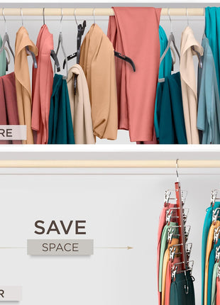 MORALVE Skirt Hangers Space Saving with Clips - 2 Pack - European Beechwood 5-Tier Hanger for Shorts, Skirts, and Pants - Closet Organizer and Storage Solution for Women with 360° Swivel Hook