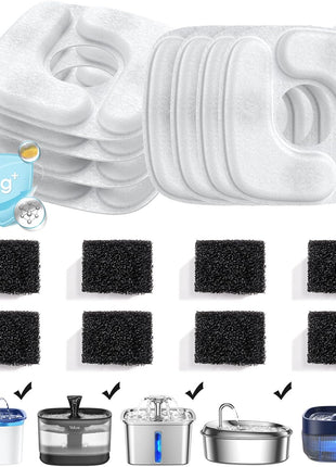 Veken Cat Water Fountain Filters, 8 Pack Replacement Filters & 8 Pack Replacement Pre-Filter Sponges Set for 50oz, 84oz, 95oz or 108oz Automatic Pet Fountain Dog Water Dispenser