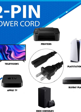 AC 2 Prong C8 Power Cord 5ft Standard 2-Slot for TV PS4 PS5 Speaker Monitor Xbox Wall Power Cable Replacement Black