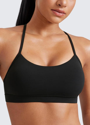 CRZ YOGA Butterluxe Womens Y Back Sports Bra - Padded Racerback Low Impact Spaghetti Thin Strap Workout Yoga Top Black Medium