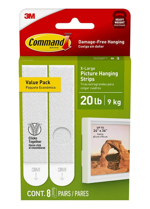 Command 20 Lb XL Heavyweight Picture Hanging Strips, Damage Free Hanging Picture Hangers, Heavy Duty Wall Hanging Strips for Living Spaces, 8 White Adhesive Strip Pairs