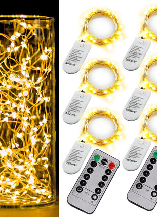 6 Pack Fairy Lights Battery Operated with Timer 2PCS Remote - 6.5ft 20LED Warm White Twinkle Lights Waterproof Silver Wire Fireflies Lights DIY Mason Jar Wedding Party Christmas Centerpiece Table Deco