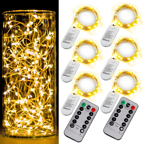 6 Pack Fairy Lights Battery Operated with Timer 2PCS Remote - 6.5ft 20LED Warm White Twinkle Lights Waterproof Silver Wire Fireflies Lights DIY Mason Jar Wedding Party Christmas Centerpiece Table Deco