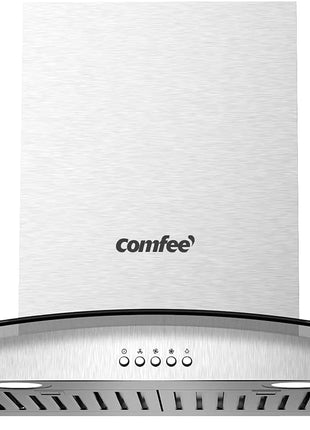 COMFEE' 30 Inch Wall Mount Range Hood, 450 CFM Ductless/Ducted Convertible | Island Range Hood 3-Speed Exhaust Fan, Curved Glass Stainless Steel Kitchen Vent Hood, 2 Baffle Filters, 2 LED Lights
