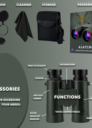Alatino 12x42 High Powered Binoculars with Harness, Optical Solution Features Bak-4 Prisms & FMC Lens for Bird Watching, Hunting, Extended Travel and Cruise (Green)