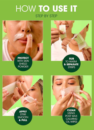 Nad's Facial Wax Strips - Hypoallergenic All Skin Types - Facial Hair Removal For Women - At Home Waxing Kit with 20 Face Wax Strips + 4 Calming Oil Wipes + Skin Protection Powder