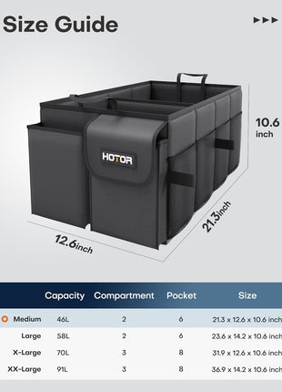 HOTOR Trunk Organizer - Car Organizer, Foldable Trunk organizer for SUVs & Sedans, Sturdy Car Organization for Car Accessories, Tools, Sundries, Black, 2 Compartments, 21.3 inch×12.6 inch×10.6 inch