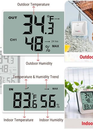 TempPro TP60 Digital Hygrometer Outdoor Thermometer Wireless Temperature and Humidity Gauge Monitor Room Thermometer with 500ft/150m Range Humidity Meter Temperature Indicators (Previously ThermoPro)