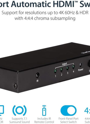 StarTech.com HDMI 2.0 Switch - 4 Port - 4K 60Hz - HDMI Automatic Video Switch Box - Multi Port Hub w/ 1 In 4 Out Functionality (VS421HD20)