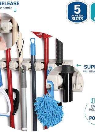 Home-it Mop and Broom Holder Wall Mount Garden Tool Storage Tool Rack Storage & Organization for the Home Plastic Hanger for Closet Garage Organizer (5-position)