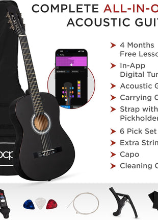 Best Choice Products 38in Beginner All Wood Acoustic Guitar Starter Kit w/Gig Bag, 6 Picks, Nylon Strings, Strap w/Pick Holder - Matte Black