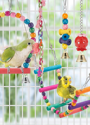 Swing Hanging Standing Chewing Toy Hammock Climbing Ladder, Cage Colorful Toys Suitable for Budgerigar, Parakeet, Conure, Cockatiel, Mynah, Love Birds, Finches