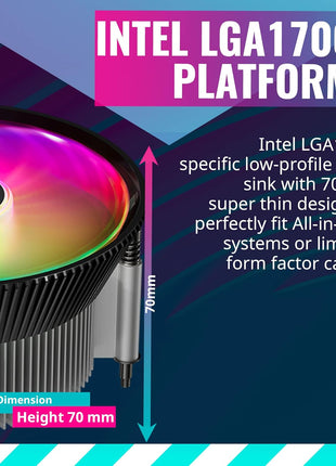 Cooler Master i70C ARGB Low Profile CPU Air Cooler for Intel LGA 1700/1851 Only – 120mm PWM ARGB Fan, 95W TDP, Copper Core Base, Black Aluminum Heatsink