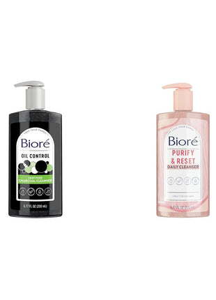 Bioré Deep Pore Charcoal Face Wash, Facial Cleanser for Dirt and Makeup Removal From Oily Skin, 6.77 Ounce & Rose Quartz + Charcoal Daily Purifying Cleanser, Oil Free Facial Cleanser Energizes Skin