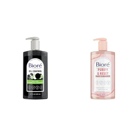 Bioré Deep Pore Charcoal Face Wash, Facial Cleanser for Dirt and Makeup Removal From Oily Skin, 6.77 Ounce & Rose Quartz + Charcoal Daily Purifying Cleanser, Oil Free Facial Cleanser Energizes Skin