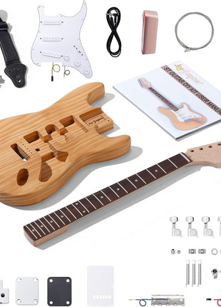 Leo Jaymz DIY ST Style Electric Guitar Kits with Roasted Pine Body and Maple Neck - Laurel Wood Fingerboard,Strap and All Components Included (ST Roasted Pine)