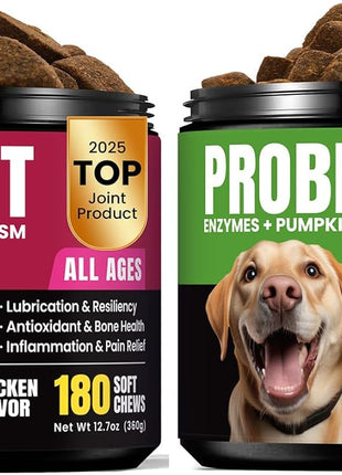 Glucosamine for Dogs Hip and Joint Supplement Chews & Probiotics for Dogs - Dog Probiotics with 5 Enzymes & 4 Prebiotics