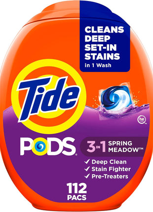 Tide PODS laundry detergent pacs, 3-in-1 Stain Remover, Odor Fighter, Color Protector, 112 Count, HE compatible, Spring Meadow Scent