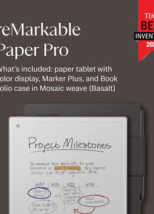 reMarkable Paper Pro with Marker Plus and Basalt Book Folio | 11.8" paper tablet with color display and reading light, e ink digital notebook for better thinking, writing, and reading