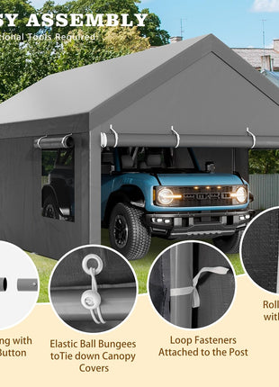Walsunny Carport, 12x20 ft Heavy Duty Carport Canopy with Roll-up Windows, Portable Garage with Removable Sidewalls & Doors, Car Canopy with All-Season Tarp for Car, Truck, Boat