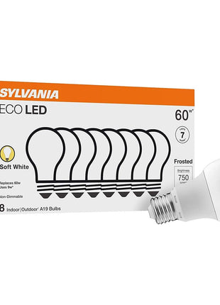 Sylvania ECO LED Light Bulb, A19 60W Equivalent, Efficient 9W, 7 Year, 750 Lumens, 2700K, Non-Dimmable, Frosted, Soft White - 8 Pack (40821)