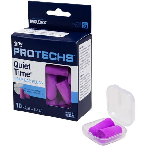 Flents Protechs Foam Ear Plugs, 10 Pair with Case for Sleeping, Snoring, Loud Noise, Traveling, Concerts, Construction, Studying, Work, Shooting, NRR 33, Purple, Disposable, Made in the USA