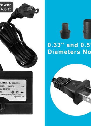 90 GPH Mini Submersible Pump, Small Fountain Pump (5W 350L/H) for water feature, Aquariums, Fish Tank, Tabletop Fountain, Pet Fountain, Indoor or Outdoor Pond Fountain