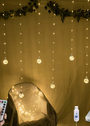 YOLIGHT Wishing Ball Curtain Lights 200 LED Window Curtain String Lights with Remote, USB Battery Powered Twinkle Globe Fairy Lights for Wedding Party Bedroom Christmas Decoration (Warm White)