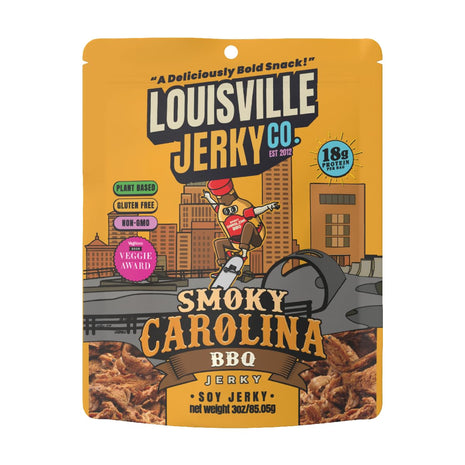 Louisville Jerky Co. Sweet & Smoky Carolina Mustard BBQ Vegan Jerky, Plant Based Protein Snack (3 Ounce, 1-Pack) – Smoky Southern BBQ Flavor, Gluten-Free, Vegetarian