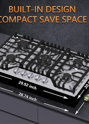 30 inch Gas Cooktop, Bulit-in Gas Stove Top with 5 Burner, NG/LPG Convertible Cooktops, 5 Burner Propane Cooktop with Thermocouple Protection, Stainless Steel