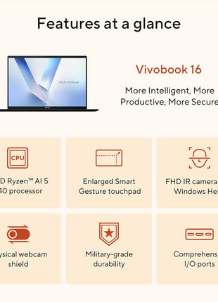 ASUS Vivobook 16 Laptop, Copilot+ PC, 16 inch WUXGA 60Hz Display, AMD Ryzen AI 5 340 with XDNA NPU, AMD Radeon Graphics, 16GB RAM, 512GB SSD, Quiet Blue, M1607KA-DS54