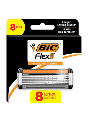 BIC Flex 5 Men's 5-Blade Razor Cartridge Refills, 8-Pack | Lubricating Strip with Aloe and Vitamin E | Precision Edging Blade for Tricky Spots | Refillable Cartridges for Convenience