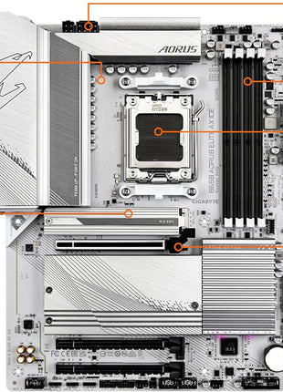 GIGABYTE B650 AORUS Elite AX ICE AMD AM5 ATX Motherboard, Support Ryzen 9000/8000/7000 Series, DDR5, 12+2+2 Power Phase, PCIe 5.0 M.2, USB-C 3.2 Gen 2, WIFI6E, 2.5GbE, EZ-Latch, Q-Flash, RGB Fusion