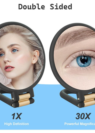 Sifolo 30x Magnifying Mirror, Travel Hand Mirrors with Handle - Double Side Handheld Mirror with 1X 30X Magnification & Adjustable Handle/Stand, Hand Held Foldable Travel Mirror for Makeup(Black)
