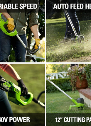 Greenworks 40V 12 Inch Cordless String Trimmer with 2Ah Battery & Charger, Dual Auto Feed Line, Variable Speed, Lightweight Weed Eater, 3 Year Warranty