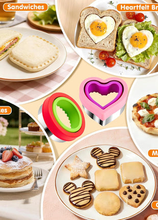 HINZER Sandwich Cutter and Sealer Set 4 Pcs Bread Decruster Sandwich Cutter Pancake Maker Heart Square Circle Dinosaur Shape DIY Cookie Cutters Gift for Kids Adult Boys Girls