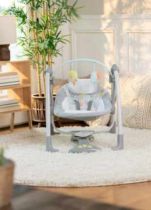Ingenuity Swing 'n Go 5-Speed Baby Swing - Foldable, Portable, 2 Plush Toys & Sounds, 0-9 Months 6-20 lbs (Hugs & Hoots)