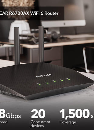 NETGEAR 4-Stream WiFi 6 Router (R6700AX) – Security Features, AX1800 Wireless Speed (Up to 1.8 Gbps), Covers up to 1,500 sq. ft., 20 Devices
