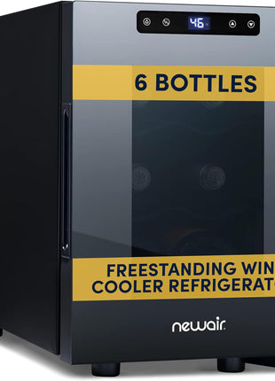 NewAir 10" Wine Fridge for 6 Bottles | Freestanding Wine Cooler Refrigerator with Glass Door | Compact Countertop Storage with Precision Cooling & Quiet Operation | Black