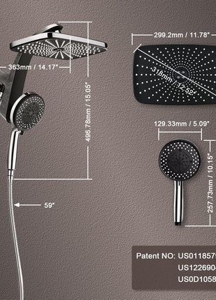 12" High Pressue Rain Shower Head with Handheld, 9 Sprays Hand Showerhead | Shower Heads with Handheld Spray Combo, Dual Head, Built-in Magnetic Docking, Power Jets, 59" Shower Hose, Chrome 1.8GPM