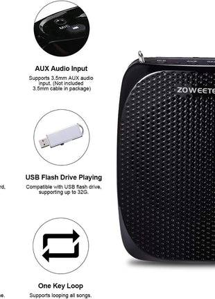 ZOWEETEK Portable Rechargeable Mini Voice Amplifier for Teachers | Wired Microphone Headset and Waistband,Supports MP3 Format Audio for Speech, Class, Training,Tour Guide,Power Amplifiers