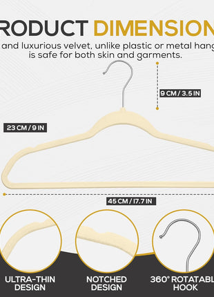 Techzoo 50 Pack New Premium Quality Velvet Hangers Ultra Thin Non Slip Adult Felt Space Saving Hangers for Closet Heavy Duty Coat Pants Jackets Dress Hangers 360° Swivel Hook Hold Upto 10 lbs Ivory