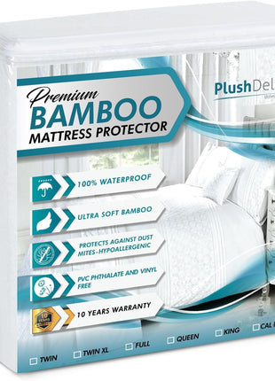 PlushDeluxe Bamboo Waterproof Mattress Protector, King Size, Ultra Soft | Breathable, Noiseless, Hypoallergenic, Washable, 76x80" Up to 18" Deep, Viscose Derived from Bamboo Mattress Cover, White