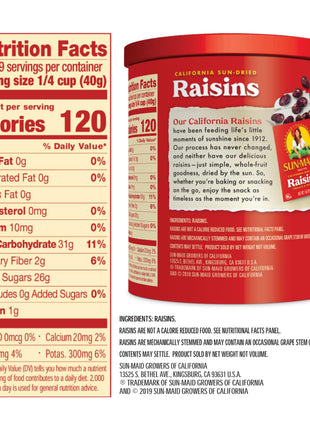 Sun Maid California Sun Dried Raisins   13 oz Resealable Canister   Dried Fruit Snack for Lunches, Back to School Snacks, and Natural Sweeteners