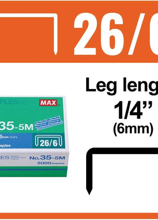 Max 35-5M Standard Staples for USA; Leg Length 6mm (1/4 inch); 100 Staples per Stick, for Use with Max HD-50, HD-50R, HD-50F and other Standard Staplers, 0.25 inch Leg Length, 0.5 inch Crown Width, 5000 Count