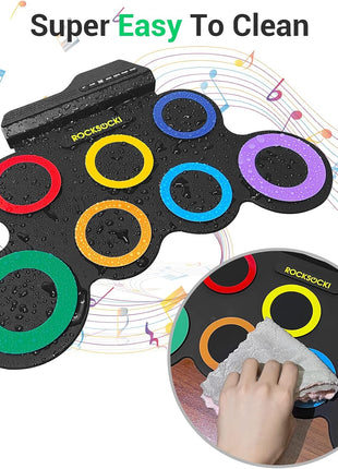 ROCKSOCKI Electric Drum Set, 7-Pad Kids Electronic Drum Set with Headphone Included, Roll-up Drum Practice Pad, Great Holiday Xmas Birthday Gift for Kids