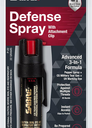 SABRE 3-in-1 Compact Defense Spray – Pepper Spray, Tear Gas & UV Dye, Max Police Strength, Belt Clip for Quick Access, 4X Longer Spray Time (Up to 13 Seconds), 0.67 fl oz, Secure & Easy Safety