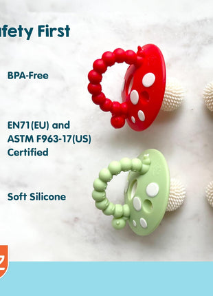 RaZbaby Soft Silicone Infant & Baby 3M+ Teether Toy Massaging Bristles Teething Relief Pacifier - Soothes Sore Gums - Hands-Free & Easy-to-Hold Chompy Teether, BPA Free (RED/Green)